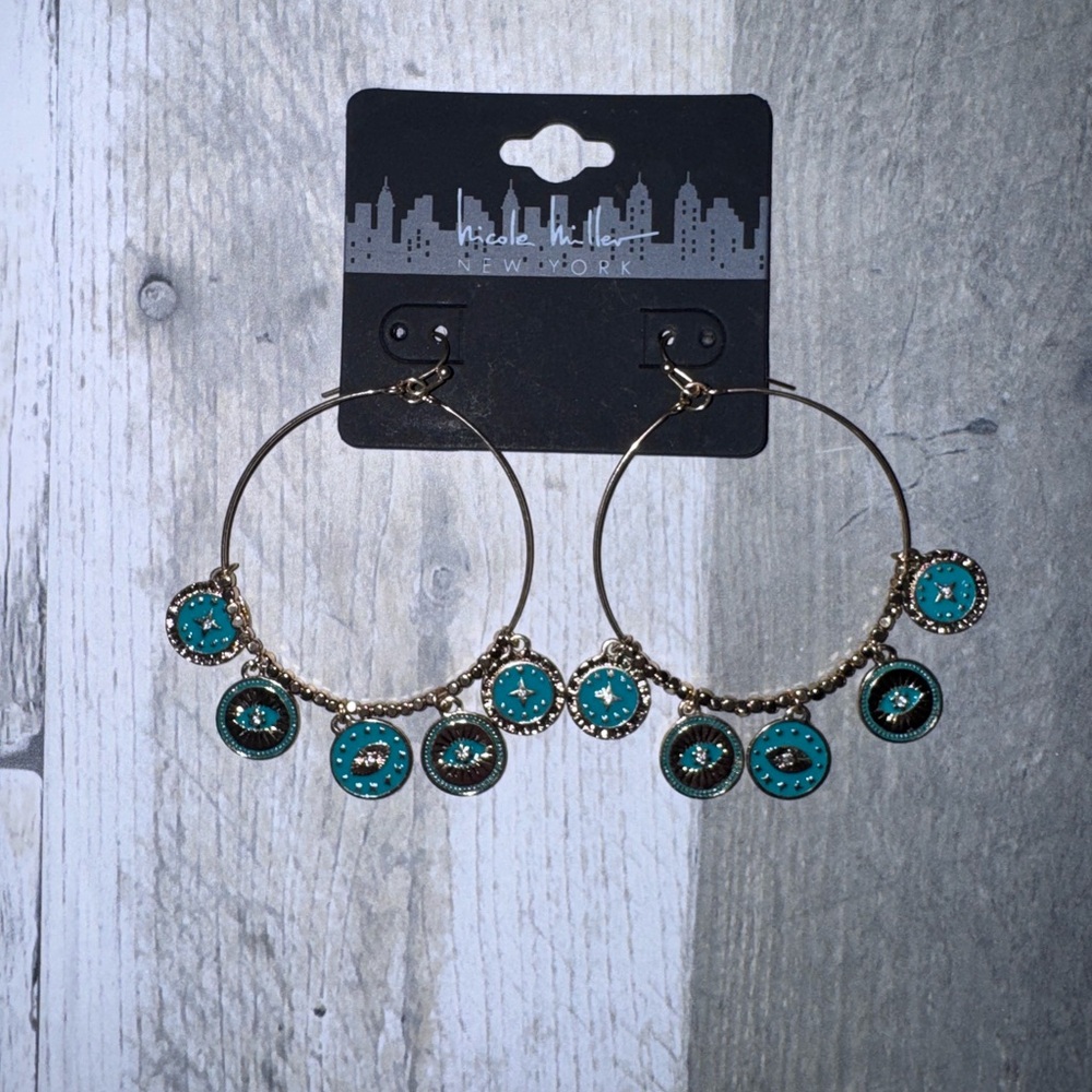 Nicole Miller New York Gold and Turquoise Hoop Charm Earrings NWOT
